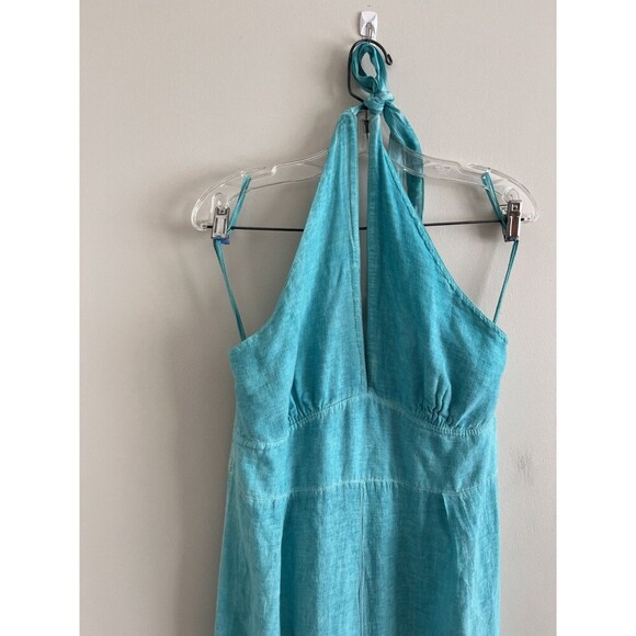 Made in Italy Linen Halter Jumpsuit Size M Wide Leg Open Back Teal Beachy Summer - Picture 3 of 13